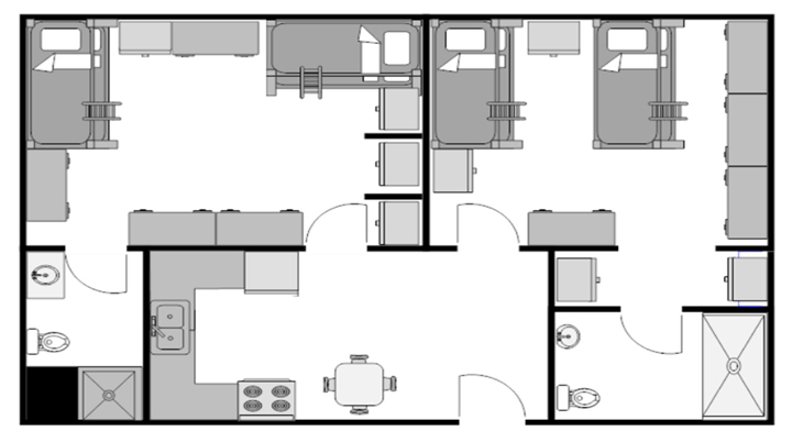 floorplan drawing for 2 room, 4 person shared suite in rho