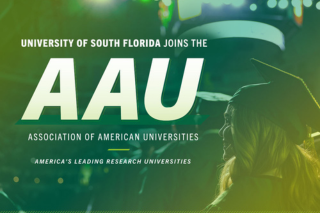 Image of graduate in university cap and gown next to the words "University of South Florida Joins the AAU, Association of American Universities"