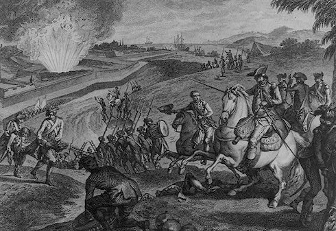 A Spanish artillery strike ignites a British powder magazine in Pensacola in 1781.