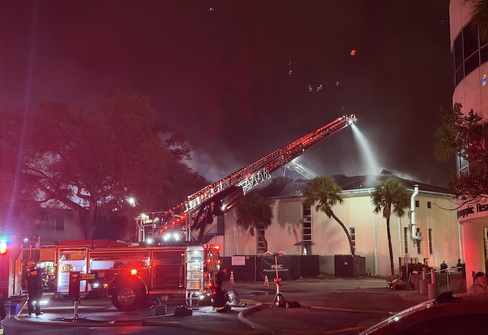 Fire crews battle flames at the Marine Science Laboratory in May.