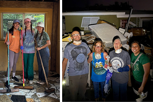 3 young females holding mop handles & group of people in front of debris pile