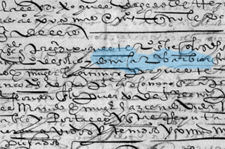 A portion of a primary document (the letters highlighted in blue are an abbreviation for the petitioner’s name, doña Catalina Barbón).